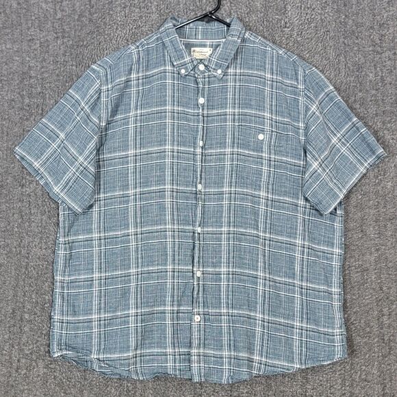 Weatherproof Vintage Shirt Mens XXL Blue Plaid Washable Linen Short Sleeve - Picture 1 of 10